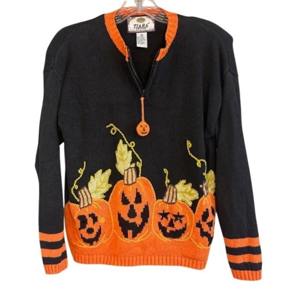 Tiara Petites Y2K Vintage Embroidered Halloween Pumpkins Black Knit Sweater SM
